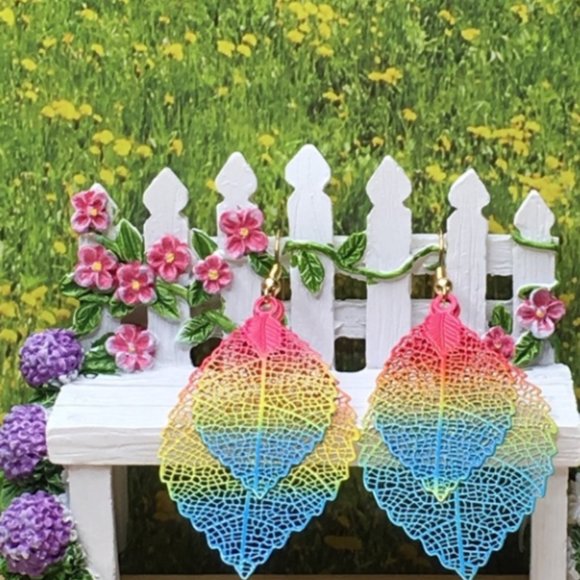 Double Rainbow Leaf Earrings PRICE IS FIRM - Picture 2 of 3